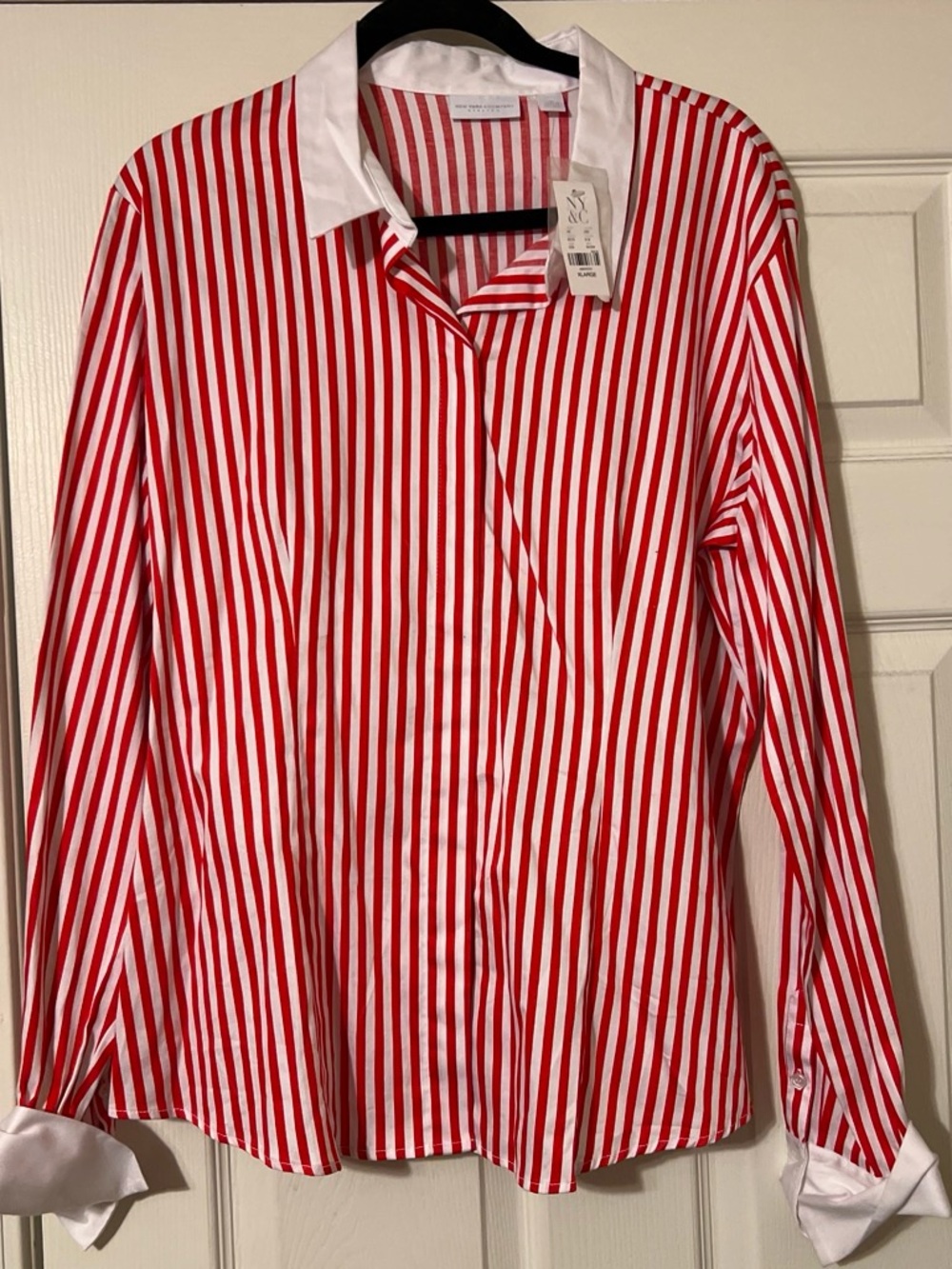 New York & Company Red & White Striped Button-Down Shirt with White Collar